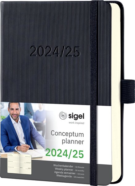 Wochenkalender Conceptum DIN A6, 2024/2025, 18 Monate, 1 Woche/2 Seiten, 240 Seiten, Gummibandverschluss, Stiftschlaufe, schwarz