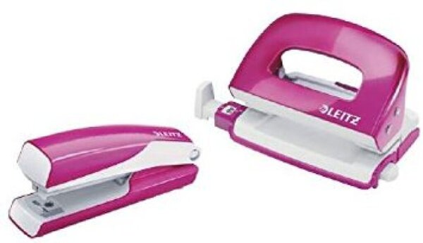 Set-Mini WOW Heftgerät und Locher pink, je 10 Blatt, Heftarten: geschlossen, genagelt; Locher: mit Anschlagschiene