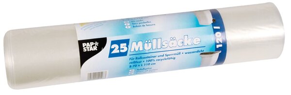 Abfallsäcke, 120 Liter, 45 my, transparent, LDPE-Folie (recycled), 700 x 1100 mm, 1 Rolle à 25 Säcke