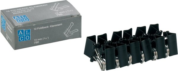 Foldbackklammern, schwarz, vernickelt, Breite 15 mm, Packung à 12 Klammern