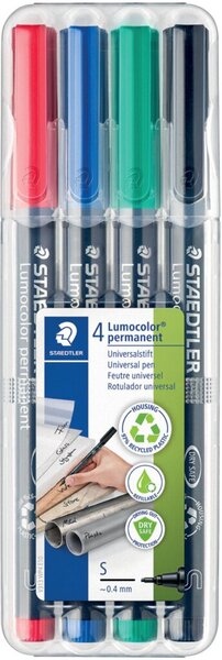 Folienstift Lumocolor®, Strichstärke S - 0,4 mm, permanent/wasserfest, nachfüllbar, 4er Aufstelletui, sortiert, schwarz, blau, rot, grün