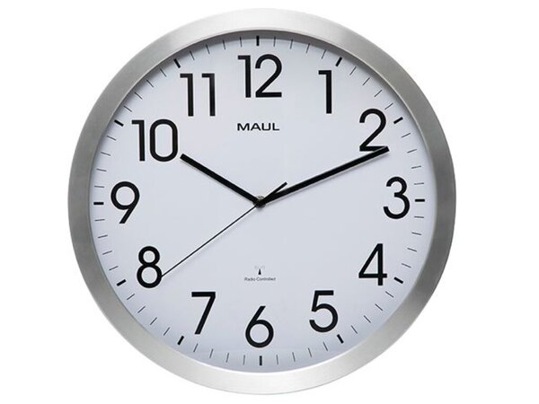 Wanduhr MAULmove, silber, Ø 40 cm, Funkuhr, Glaslinse, 3 Zeiger (Stunde, Minute, Sekunde), schwarze Ziffern und Zeiger auf weißem Grund, Ziffernhöhe 4,4 cm