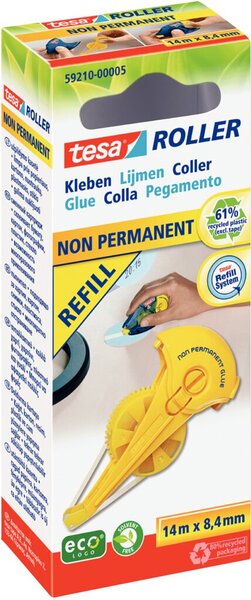 Kleberoller non Permanent ecoLogo®, Nachfüllkassette, 14 m x 8,4 mm, mehrfach wieder ablösbar, gelb