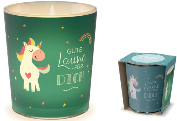 Teelicht, mit Grußfeld für persönliche Nachricht, Motiv Einhorn