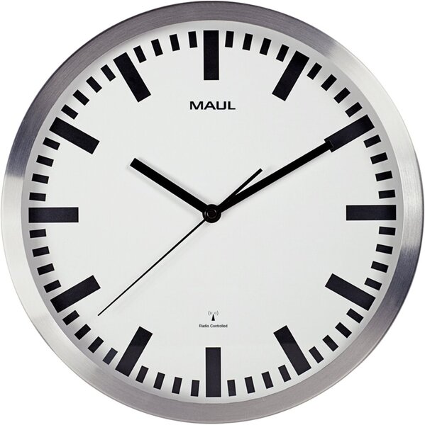 Wanduhr MAULpilot, silber, Ø 30 cm, Funkuhr, Glaslinse, 3 Zeiger (Stunde, Minute, Sekunde), schwarze Balkenstriche und Zeiger auf weißem Grund