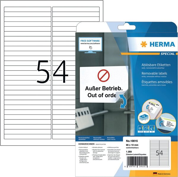 Etiketten, 96 x 10 mm, weiß, 1.350 Etiketten, ablösbar, 25 Blatt