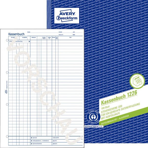 Kassenbuch, DIN A4, Recycling, EDV-gerecht, Blaupapier, Mikroperforation, alle Blätter gelocht, 100 Blatt