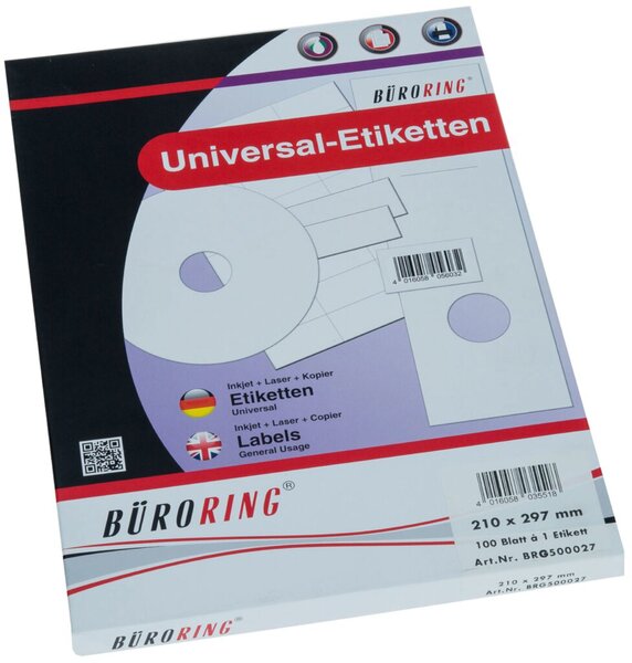 Etiketten, 210 x 297 mm, weiß, 100 Etiketten, lösungsmittelfrei, Inkjet-, Laserdrucker, Kopierer, 100 Blatt