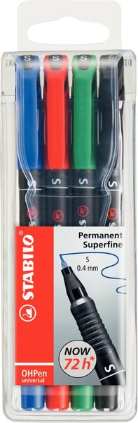 Folienstift OHPen universal, Strichstärke S - 0,4 mm, permanent/wasserfest, nachfüllbar, 4er Etui, sortiert, schwarz, blau, rot, grün
