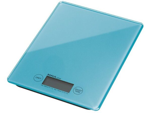 Briefwaage MAULgloss, hellblau, Tragkraft 5000g, Teilung 1g, Wiegefläche 16,5 x 17 cm, 1,5 x 16,5 x 20,5 cm