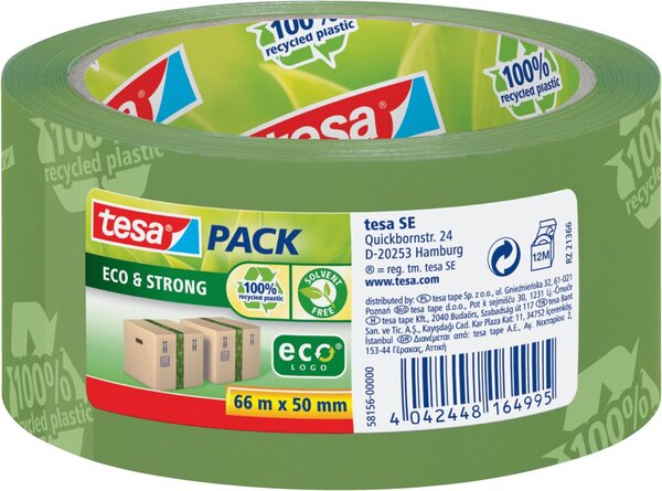 Packband tesapack® Eco & Strong, 50 mm x 66 m, grün, bedruckt, PP-Folie, klebstark