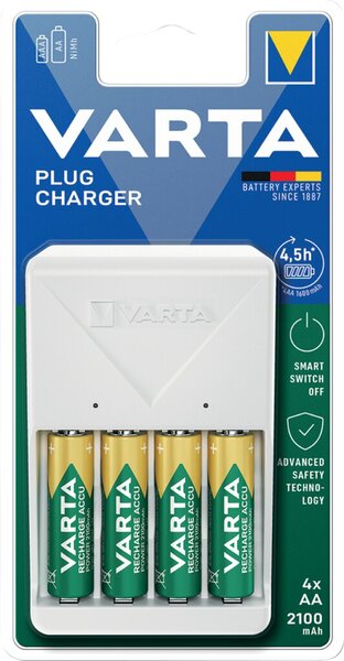 Akku NiMH Ladegerät Plug Charger, 4 Ladeplätze, unterstützt AAA/AA, inkl. 4 x AA Akku (2100mAh)