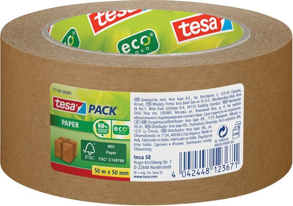 Packband tesapack® ecoLogo®, 50 mm x 50 m, braun, Papier, selbstklebend, lösungsmittelfrei, von Hand einreißbar