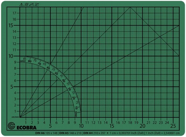 Schneidematte, 300 x 220 mm, bedruckt mit 10-und 50 mm-Teilung, 5-lagig, grün/schwarz