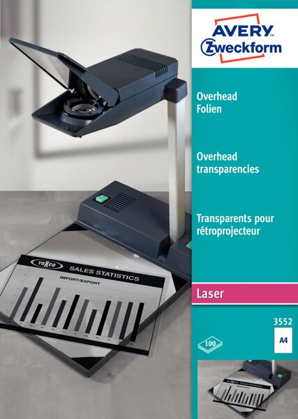Overheadfolie, DIN A4, für Laser (s/w )/ Kopierer, 0,10 mm, klebstofffrei, Polyester, 100 Blatt
