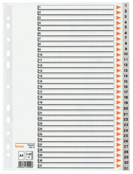 Kunststoffregister, DIN A4, 31-teilig, 1 - 31, Rasterdruck, 120 my, PP, grau, Universallochung