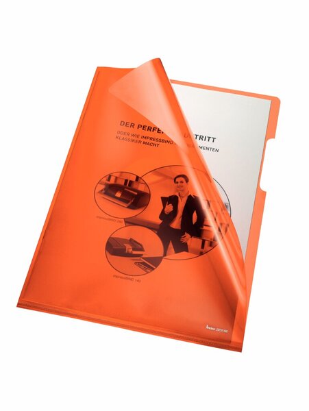 Aktenhülle, DIN A4, orange, PVC-Folie, 150 my, Oberfläche glatt, glasklar, Greifausstanzung, 100 Hüllen