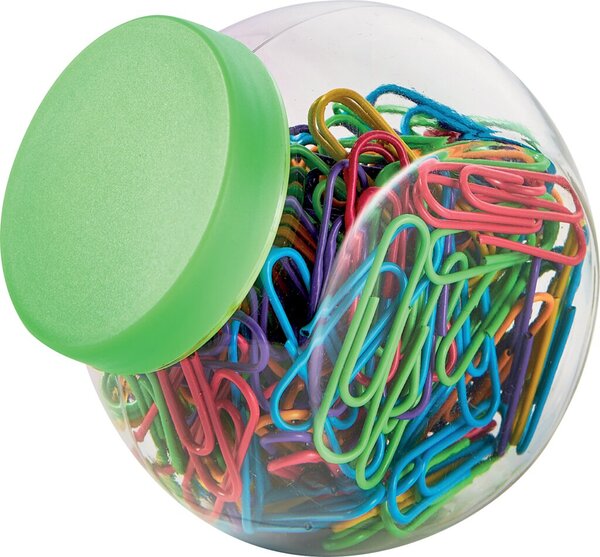 Briefklammern, 26 mm, rund, plastiküberzogen, neon sortiert, Schraubverschlussdose mit farbigem Deckel, 200 Stück