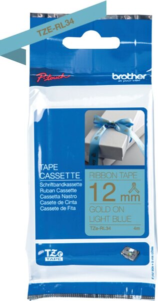 Schriftbandkassette, TZe-RL34, 12 mm breit / 4 m lang, gold auf hellblau, nicht klebend, Textilband, nicht laminiert