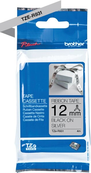 Schriftbandkassette, TZe-R931, 12 mm breit / 4 m lang, schwarz auf silber, nicht klebend, Textilband, nicht laminiert