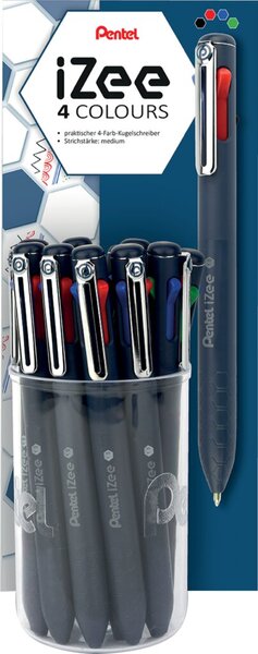 Mehrfarb-Kugelschreiber iZee, Strichstärke 0,5 mm, Schaftfarbe dunkelblau, Metall Clip, Schreibfarbe schwarz, blau, rot, grün, nachfüllbar BXS10, Display, 12 Stück