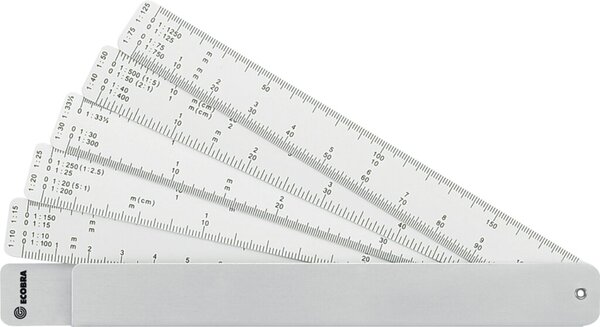 Fächermaßstab im Aluminium-Etui, 5 Kunststofflineale ca. 150 mm, vernietet, Alumium