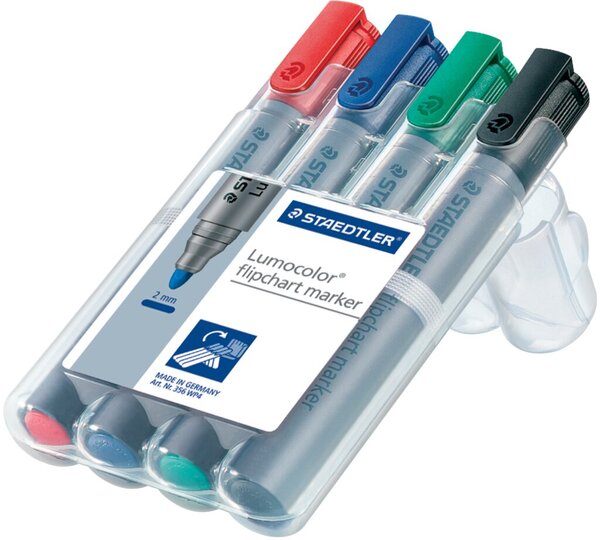 Flipchartmarker Lumocolor, Rundspitze, Strichstärke 2 mm, sortiert, 4er Etui, schwarz, blau, rot, grün