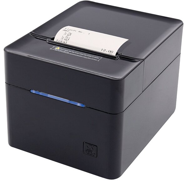 Kassendrucker KPR 80 Plus, Thermopapier, Papierbreite: 80 mm, Druckbreite: 72 mm, 250 mm/Minute, Teilschnitt/Vollschnitt, Zeichengröße: 9 x 17 oder 12 x 24 (bei 200 dpi), Schnittstelle: RS 232 (Daten)/ IEEE1284 (Lade)/RJ45/USB-A, schwarz