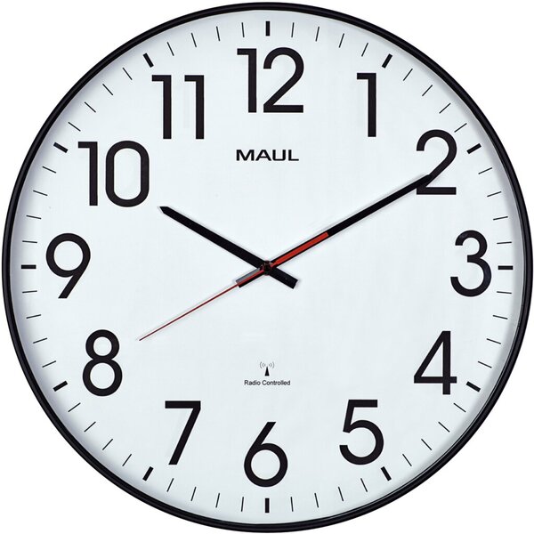 Wanduhr MAULclimb, schwarz, Ø 47 cm, Funkuhr, Glaslinse, 3 Zeiger (schwarz: Stunde, Minute, rot: Sekunde), schwarze Ziffern auf weißem Grund