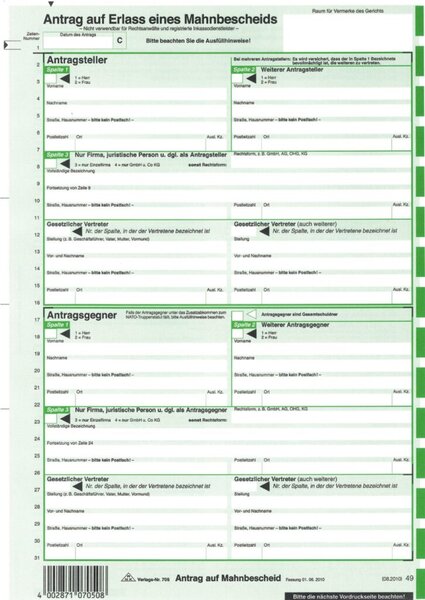 Mahnbescheid, DIN A4, EDV neutral für Laserdrucker, 10 Mahnbescheide