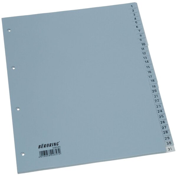 Kunststoffregister, DIN A4, 31-teilig, 1 - 31, 125 my, PP, grau, 2-fach Lochung