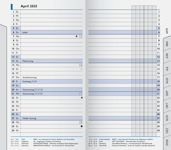 Monatskalender-Ersatzeinlage 753, 9 x 15 cm, 1 Monat/2 Seiten, 32 Seiten, Druck: schwarz/blau, Jahresübersicht aktuelles Jahr und Folgejahr