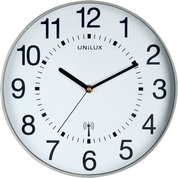 Wanduhr WAVE, silber, Ø 30 cm, Funkuhr, 3 Zeiger (Stunde, Minute, Sekunde), schwarze Ziffern und Zeiger auf weißem Grund