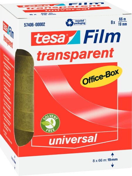tesafilm® transparent, 19 mm x 66 m, transparent, Packung mit 8 Rollen