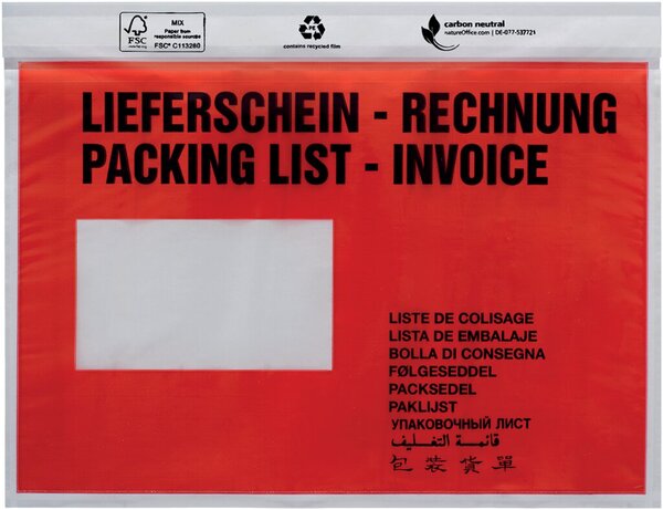 UNIPACK Begleitpapiertasche C5, mit Druck, Lieferschein/Rechnung, Oberfolie: LDPE 40 my, 250 Stück