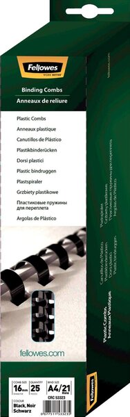 Plastikbinderücken 16 mm, für 101 - 120 Blatt, schwarz, US-Teilung 21 Ringe, 100 Stück