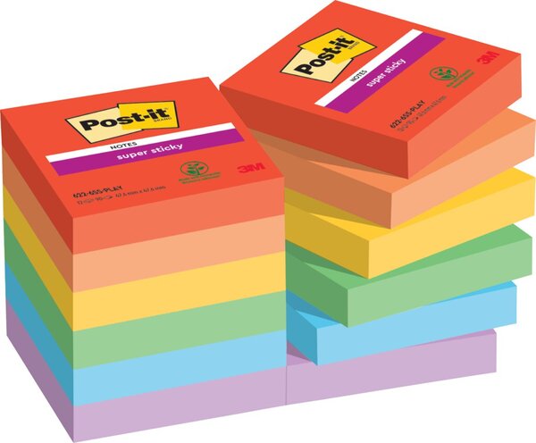 Haftnotiz Super Sticky Note, 47,6 x 47,6 mm, Playful Collection ultrarot, vitalorange, ultragelb, limonengrün, paradiseblau, flieder, 90 Blatt/Block, 12 Blöcke