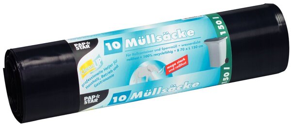 Abfallsäcke, 150 Liter, 90 my, schwarz, LDPE-Folie (recycled), 700 x 1500 mm, extra stark, 1 Rolle à 10 Säcke