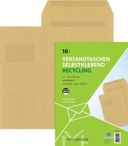 Versandtasche DIN C4, mit Fenster, selbstklebend, braun, 90g/qm, 10 Stück