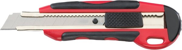 Cutter, 18 mm Klinge, Scheiberaster, Rechtshänder/Linkshänder, Kunststoffgehäuse, gummierte Griffzone, inklusiv 2 Ersatzklingen, rot