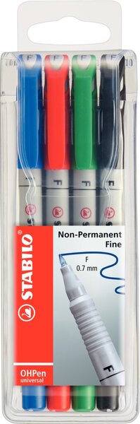 Folienstift OHPen universal, Strichstärke F - 0,7 mm, non-permanent/wasserlöslich, nachfüllbar, 4er Etui, sortiert, schwarz, blau, rot, grün