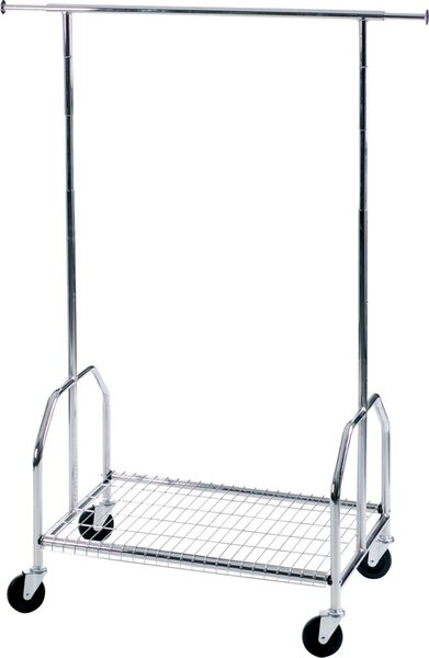 Mobile Standgarderobe, 4 Lenkrollen, Kleiderstange, ausziehbar, Gitterablage, Metall verchromt