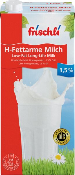 H-Fettarme Milch 1,5% Fett, 1 Liter Tetra Pak, mit Schraubverschluss