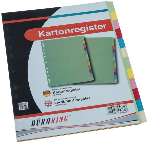 Kartonregister, DIN A4, 12-teilig, blanko, durchgefärbter Karton, 175g/qm, farbig, Universallochung