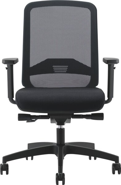Bürodrehstuhl Bali, Armlehnen höhenverstellbar, Rückenlehne netzbespannt schwarz, Sitz gepolstert schwarz, Fußkreuz Kunststoff schwarz