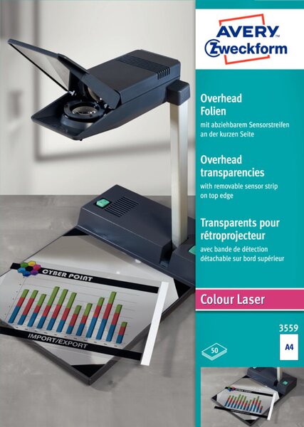 Overheadfolien, DIN A4, für Farblaser, 0,10 mm, Sensorstreifen kopfseitig, 50 Blatt