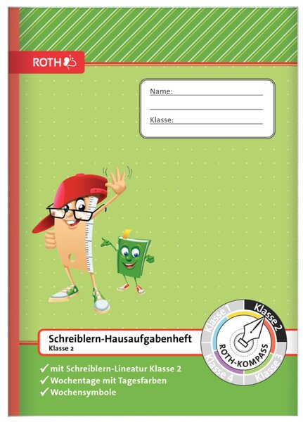 Hausaufgabenheft DIN A4, Klasse 2, Schutzumschlag, Schreiblernlineatur, 1 Woche/2 Seiten, 96 Seiten, Wochensymbole, Tagesfarben, Tageszahlen