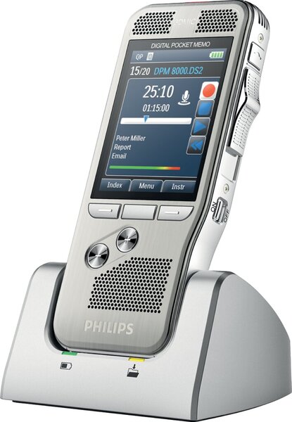 Digitales Diktiergerät Pocket Memo DPM8000/02, 2-Jahres-Lizenz, 3D-Mikrofontechnik, bis 32GB SD/SDHC Speicherkarte, Li-Ion-Akku, Dockingstation, großes, hochauflösendes Farbdisplay, Bewegungssensor, SpeechExec Dictate Workflow-Software