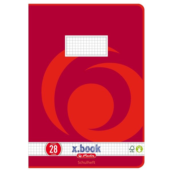 Schulheft, DIN A4, Lineatur 28, 16 Blatt, 80g/qm, kariert mit 2 Rändern, Motiv Wirbel rot