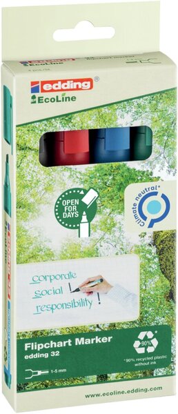 Flipchartmarker EcoLine 32, Keilspitze, Strichstärke 1 - 5 mm, nachfüllbar mit FTK25, sortiert, 4er Etui, schwarz, blau, rot, grün